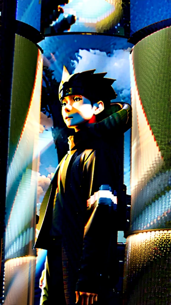 AN ADULT MAN NAMED "NARUTO" IN THE ANIME MANGA SERIES, WAS LENDING UNDER A TREE AND A GRASS FIELD AND AND A DARK SKY.