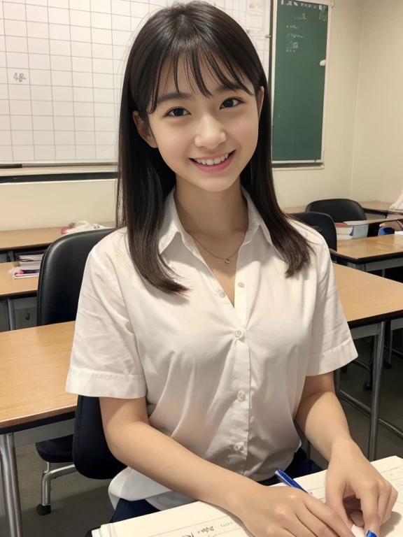 (masterpiece、high-level image quality、foco nítido)、Wearing a white shirt with short sleeves、neck tie、have a pen、1 notebook、1Book、cute little:1.5、A Japanese Lady、17 age、Study at your desk、school classrooms、A smile、(perfect anatomia、Precise and beautiful limbs)、autumnal、sexy