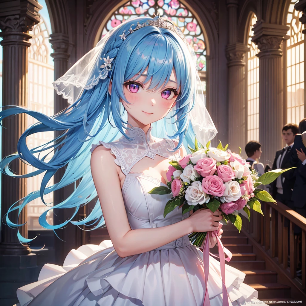 Sky Blue Medium Hair, (Braided Hair),(Pink Eyes),Fair skin ,(whole body),(1 girl),bride,smile、Straight bangs, 6月のbride,Wedding dress,(masterpiece, Highest quality, Very detailed, Best Shadow), (Detailed Background), (Beautifully detailed face), High Contrast, (Best lighting, Very delicate and beautiful), ((Cinematic Light)), colorful, Hyper Detail, Dramatic Light, Intricate details,Wedding hall,