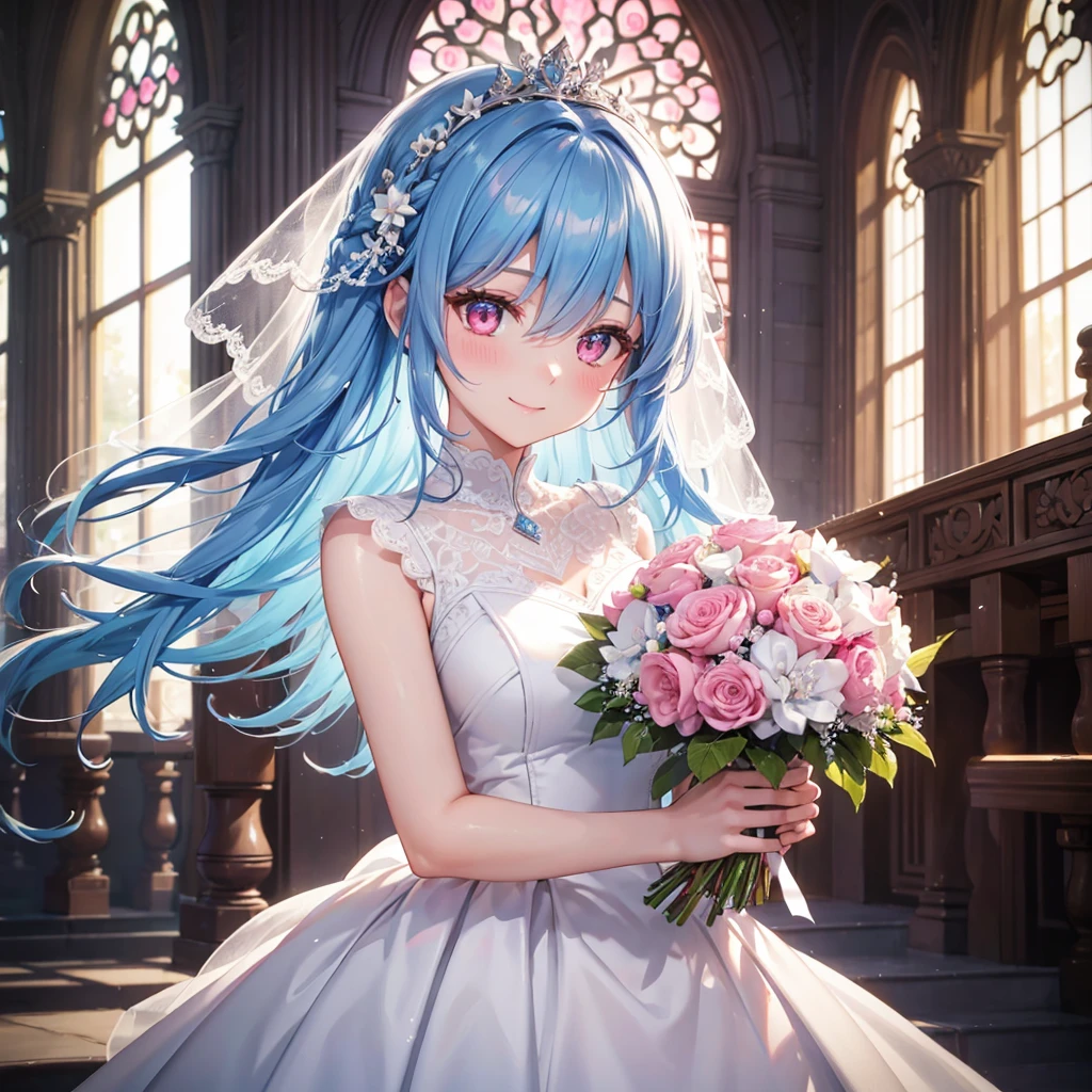 Sky Blue Medium Hair, (Braided Hair),(Pink Eyes),Fair skin ,(whole body),(1 girl),bride,smile、Straight bangs, 6月のbride,Wedding dress,(masterpiece, Highest quality, Very detailed, Best Shadow), (Detailed Background), (Beautifully detailed face), High Contrast, (Best lighting, Very delicate and beautiful), ((Cinematic Light)), colorful, Hyper Detail, Dramatic Light, Intricate details,Wedding hall,