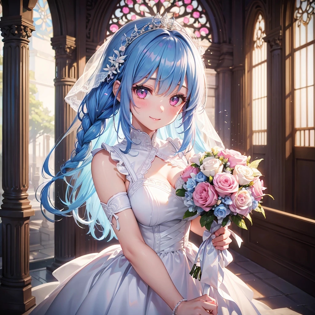 Sky Blue Medium Hair, (Braided Hair),(Pink Eyes),Fair skin ,(whole body),(1 girl),bride,smile、Straight bangs, 6月のbride,Wedding dress,(masterpiece, Highest quality, Very detailed, Best Shadow), (Detailed Background), (Beautifully detailed face), High Contrast, (Best lighting, Very delicate and beautiful), ((Cinematic Light)), colorful, Hyper Detail, Dramatic Light, Intricate details,Wedding hall,