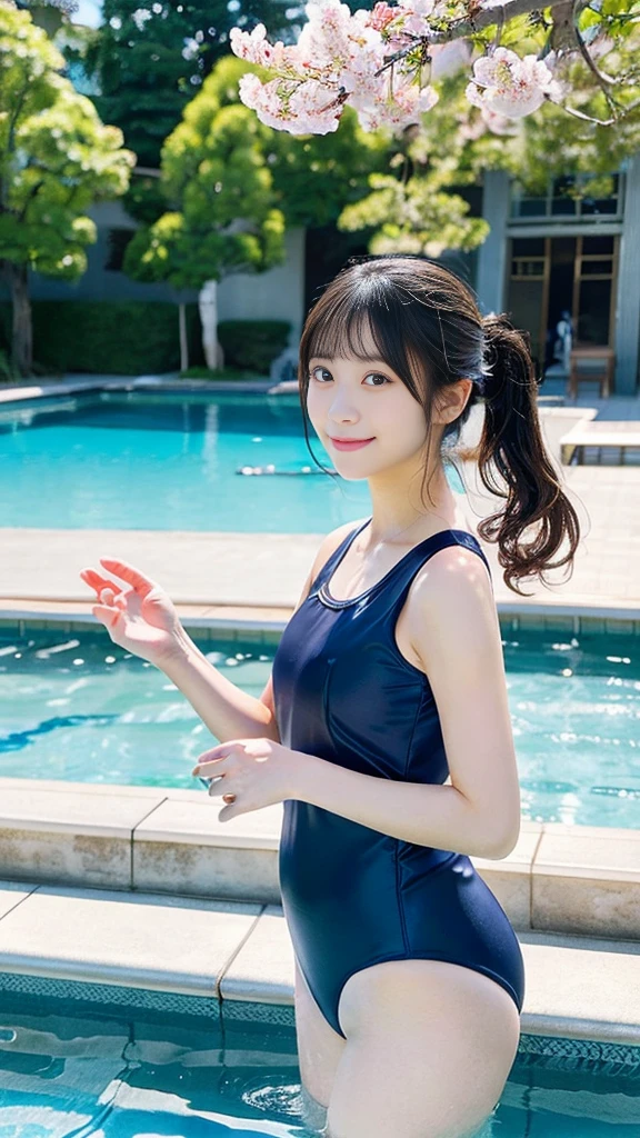 A beautiful Japanese woman in a traditional Japanese school swimsuit stands by the pool。She has long black hair tied in a ponytail、The school swimsuit is navy blue with white trim.。Under the blue sky on a clear day、The pool water sparkles in the sunlight。In the background you can see a Japanese school building with cherry blossoms blooming。She has a gentle smile、The bright sunlight reflects in my eyes。Her figure is slender and athletic.、Has a natural and relaxed pose。One hand on hip、The other hand is lightly touching the water surface.。The overall atmosphere is peaceful and nostalgic.、It captures the essence of the Japanese school scene.。