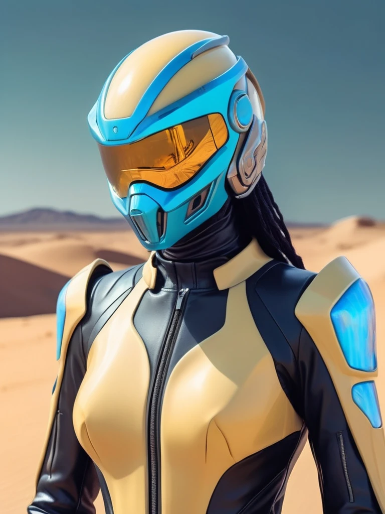 ral-opal, meahophontron, cyberpunk, woman ROBOT DEMON futuristic helmet (light yellow suit, black gray, light blue brown) With futuristic armor, (driving 1000cc motorcycle) blue colors, negro, gris con soft tones, background image: (driving through the desert) soft tones