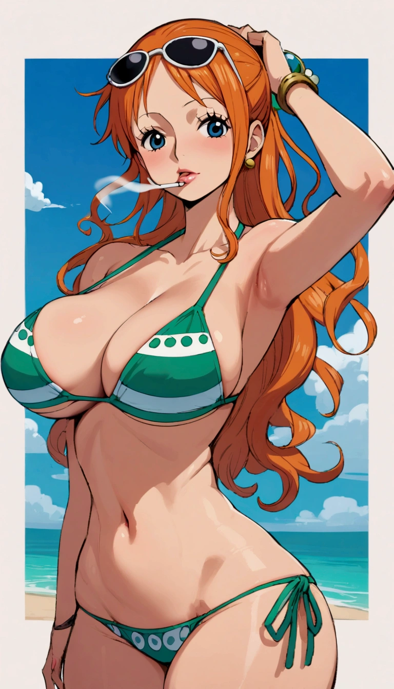 a cartoon picture of a woman in a bikini top and jeans, nami one piece, nami from one piece, nami, beautiful portrait of nami, from one piece, oppai, blue eyes, smoking, ponytail, nsfw