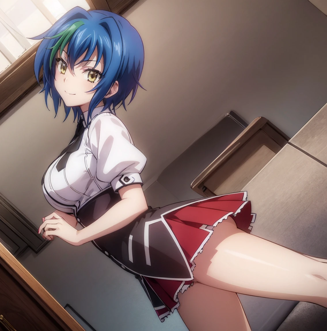 ((1girl)),((alone)),xenovia quarta,(masterpiece), (best quality), (ultra detailed), (best illustration), (best shadow), (absurdities), sharp focus, cowboy photo , looking at viewer, big breasts, narrow waist, wide hips, medium thighs, round butt, dynamic posture, short hair, blue hair, yellow eyes, multicolored hair, green locks, two-tone hair, striped hair, shirt, ribbon, uniform , white shirt, black ribbon, neckband, bare thighs, black corset, short sleeves, short skirt, red skirt, smiling, playful look, seductive smile, closed mouth, seductive expression, (sexy pose: 1.2), ( (solo)), standing: 1.3, indoor, school, classroom, desks, desk, window, dusk, looking forward ((focus on breasts), point of view (from middle), red blush, perfect anatomy, hands perfect