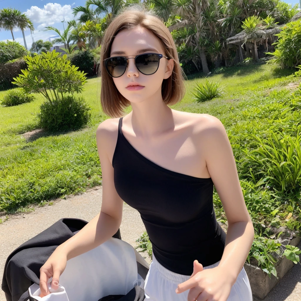 short straight hair, light brown eyes, white skin, black sunglasses