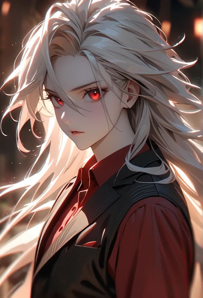 (solo), masculine, white hair, messy hair, mane hair, long hair, dense hair, wild hair, expressive hair, mature,(25 year old), pale skin, red eyes, ((man)), wearing black suit, red shirt, vampire, serious, handsome, attractive, eye reflection, depth of field, thunder aura,cinematic lighting, ray tracing, depth of field, cinematic lighting, ray tracing, UHD, high details, best quality, highres, high quality, award winning, super detail, masterpiece, 8k, UHD, high details, best quality, highres, high quality, award winning, super detail, masterpiece, 8k, digital art, anime coloring, body shot, good face, perfect face, detailed face, good eyes, facing foward