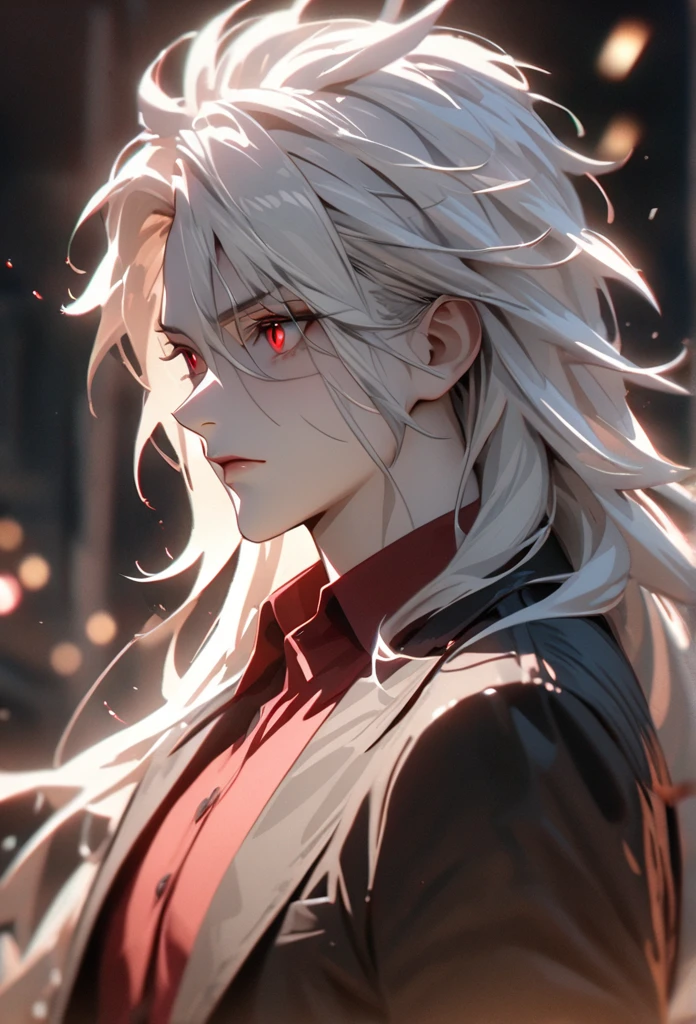 (solo), masculine, white hair, messy hair, mane hair, long hair, dense hair, wild hair, expressive hair, mature,(25 year old), pale skin, red eyes, ((man)), wearing black suit, red shirt, vampire, serious, handsome, attractive, eye reflection, depth of field, thunder aura,cinematic lighting, ray tracing, depth of field, cinematic lighting, ray tracing, UHD, high details, best quality, highres, high quality, award winning, super detail, masterpiece, 8k, UHD, high details, best quality, highres, high quality, award winning, super detail, masterpiece, 8k, digital art, anime coloring, body shot, good face, perfect face, detailed face, good eyes, facing foward