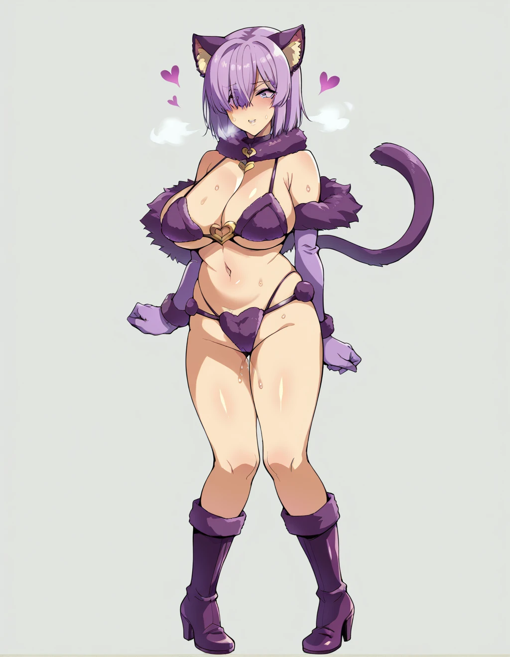 Cat ear、Ultra-detailed illustrations、Ultra-precise expression、masterpiece、Highest quality、ultra High resolution、High resolution、Hiromitsu Takeda Style、White background、Simple Background、One girl、solo、Mash Kyrielight、light purple hair、short hair、hair over one eyes、Purple eyes、Big Breasts、Choker of Hearts、White Breath、Sweat、Glowing Skin、shiny skin、(Purple fur bikini、Elbow Gloves、Fur Trim グローブ、Fur Trim レッグウェア、Fur Collar、Fur Trim、purple gloves、Purple Knee Socks、Purple heeled boots)、