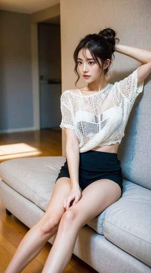 Dark brown hair、Light brown eyes、Japanese actress、 Lady、I am about 40 years old..........、(Intricate details:1.2)、 (Ultra-high resolution:1.2)、Ultra-high resolution、(fine adjustment)、(Detailed facial features)、Hmph、8k resolution、D cup size breasts、Long Hair、Bright terrace room with sunlight streaming in、Large windows、Extravagant space、relax、、,Full body photo、Head to toe shot、Beautiful legs、black Loose fit openwork T-shirt、Underwear shorts、Beautiful legs、Bright terrace room with sunlight streaming in、she, household items, (plant:0.8), Fashion Hub, Very detailed, Very detailed, Realistic, Hourglass Shaped Body, Obscene pose,、Messy Hair、Messy ponytail、Leaning against a wall、I cry a lot、tears、Skin is visible through the knit、White floor、White wall、A masterpiece of transparent painting、Lying on the couch、