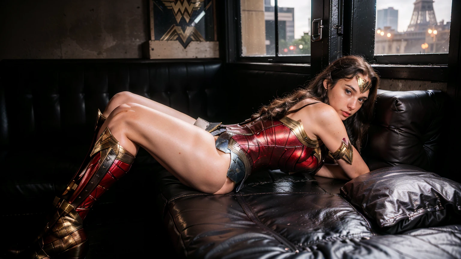 ((masterpiece), (solo character), (photorealistic:1.4), ),(best quality), (epiCRealLife), (g4lg), (wonder woman bra top), (g4lg show abs), (g4lg show cleavages), (Gal Godot in wonder woman costume), (lora:epiCFlashPhoto),(flashphoto), (flash photography) (look at viewers), (Paris bar), (Paris city landmark night views), (window), (night time), (pose for picture), (landscape photo), (on sofa), (from behind), (looking at viewers), (at night), (night time), (wonder woman boots),