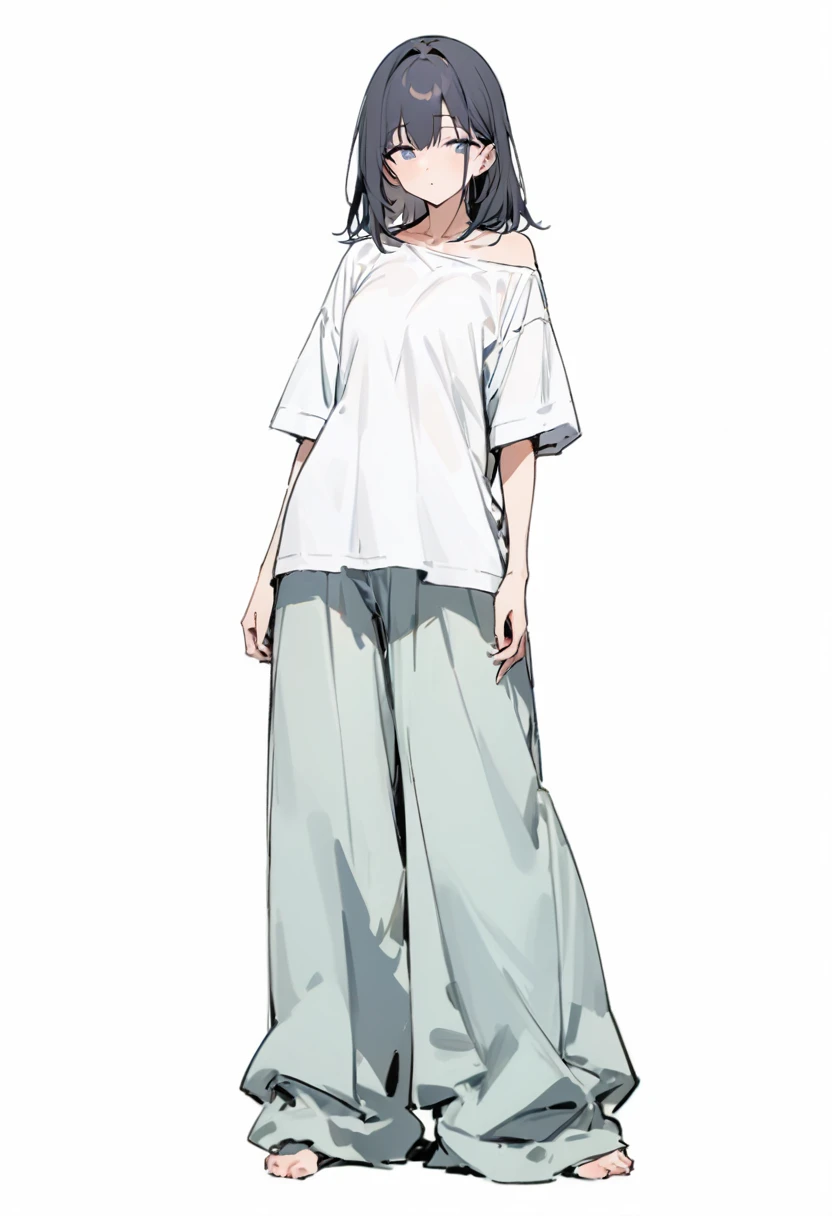 (masterpiece, Highest quality:1.2), girl、alone, Loose-fitting short-sleeved T-shirt, Relaxed wide pants , whole body, Simple Background, White background,
