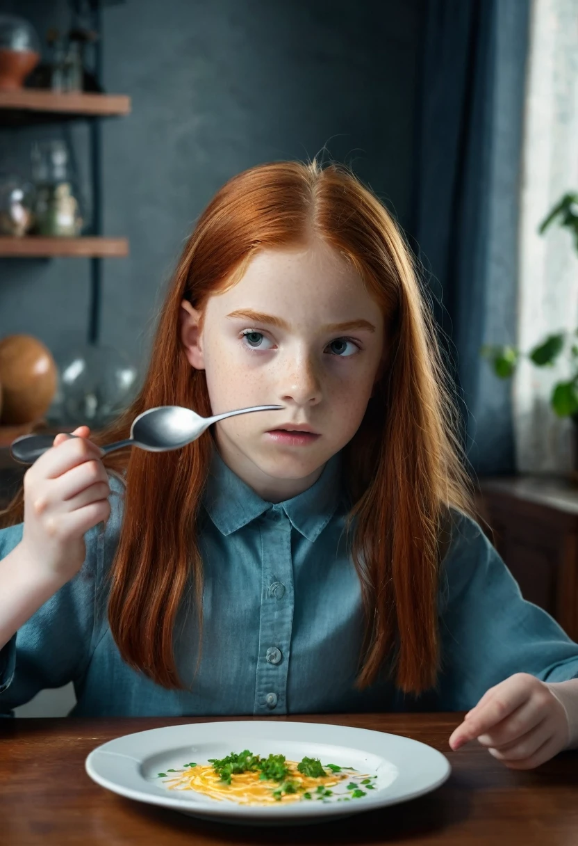 a beautiful 12 year old redhead girl using very concentrated telekinesis floats a spoon in the air over the plate on the table at home very realistic cinematic science fiction