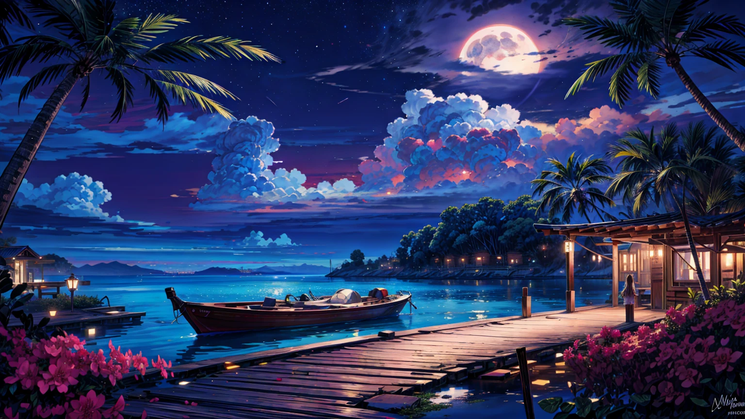 painting of a neon moonlight,dock areas, Bougainville decoration , 4k hd, moonlight, cloud,ocean, moonlight reflection,beautiful art uhd 4 k, a beautiful artwork illustration, beautiful digital painting, highly detailed digital painting, beautiful digital artwork, detailed painting 4 k, very detailed digital painting, rich picturesque colors, gorgeous digital painting