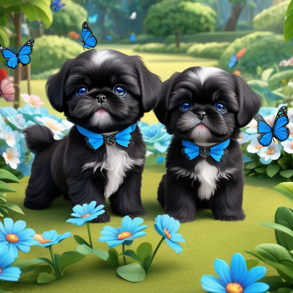 2 adorable small shih black shih tzu puppies wearing blue collars with bright blue eyes playing in park butterflies and flowes in background  3D Pixar style