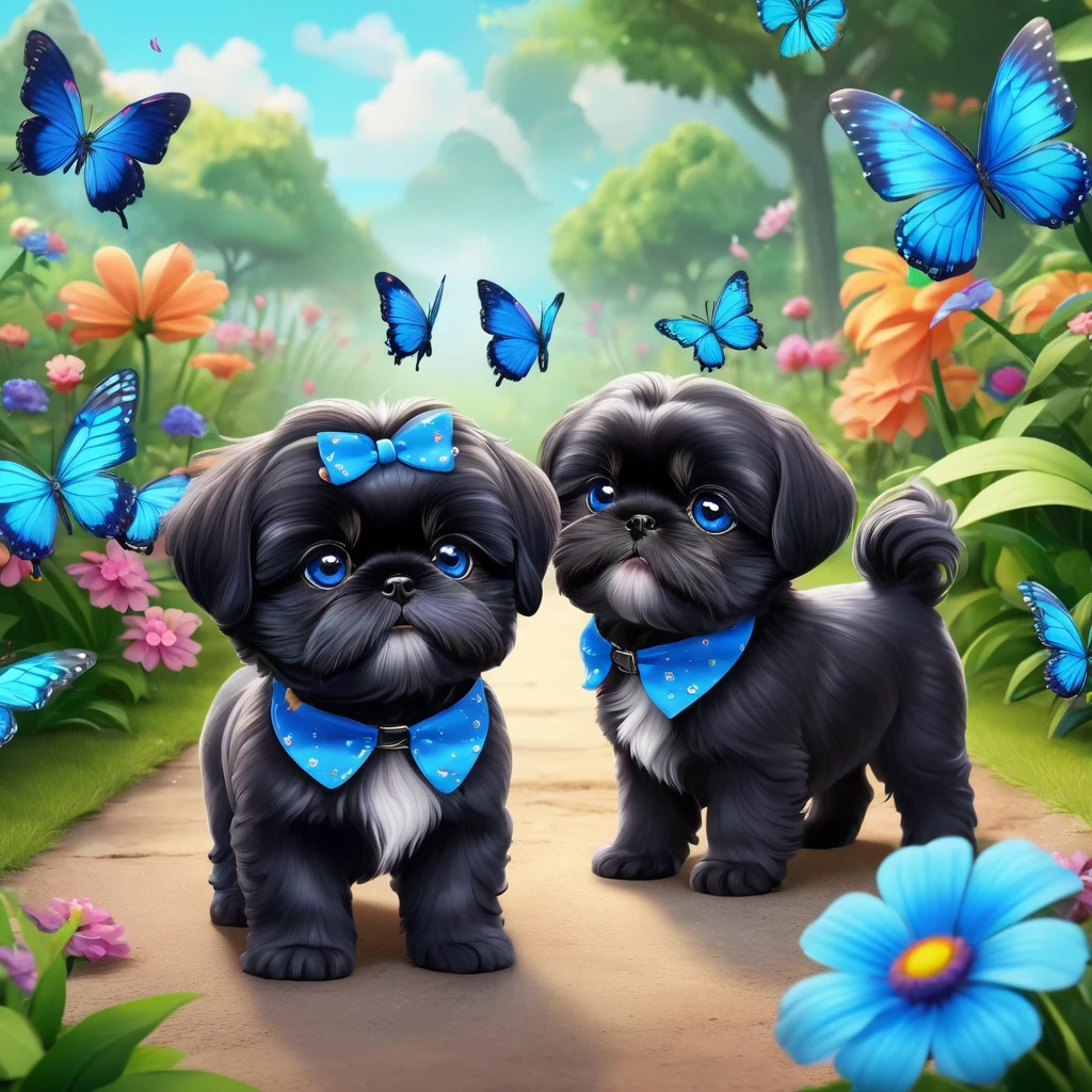 2 adorable small shih black shih tzu puppies wearing blue collars with bright blue eyes playing in park butterflies and flowes in background 3D Pixar style