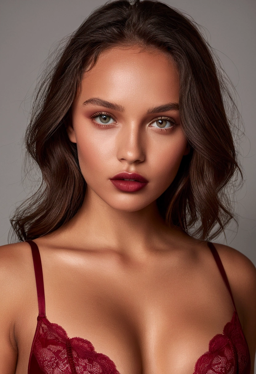 (a beautiful, tanned girl with natural full lips and clear eyes, wearing dark red lingerie, minimal makeup, natural and sexy style, detailed face and body)