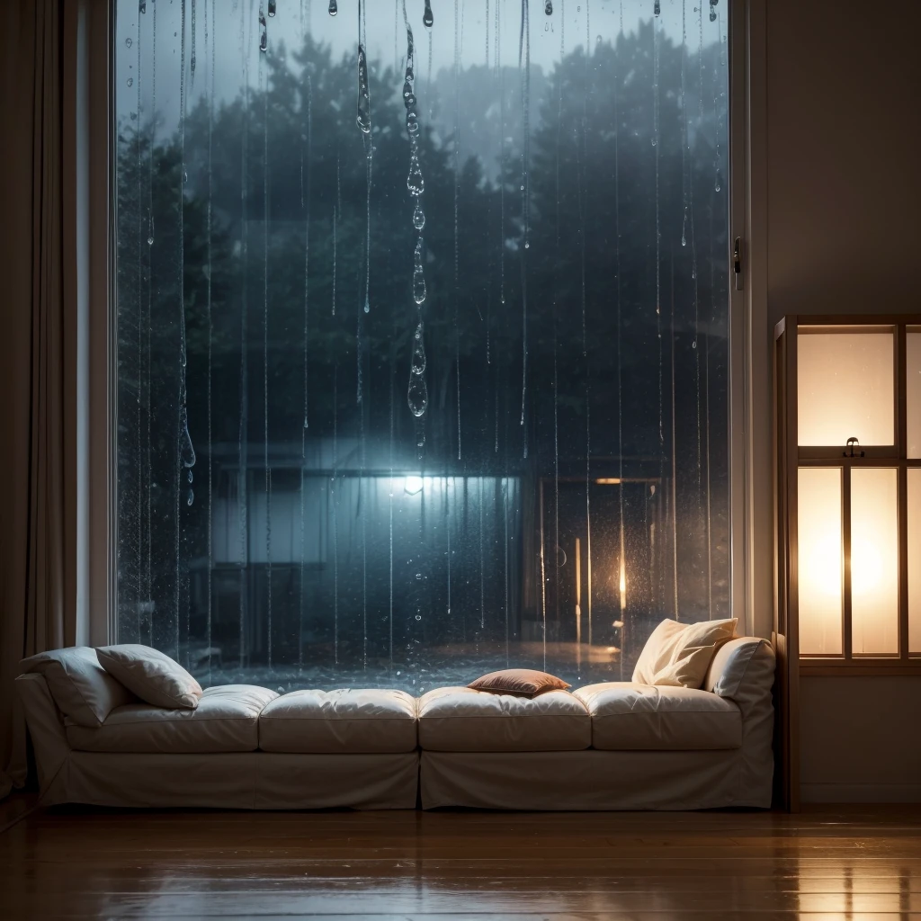 Create a completely cozy house with the TV on and you can see the rain falling through the window in high realism in high definition.