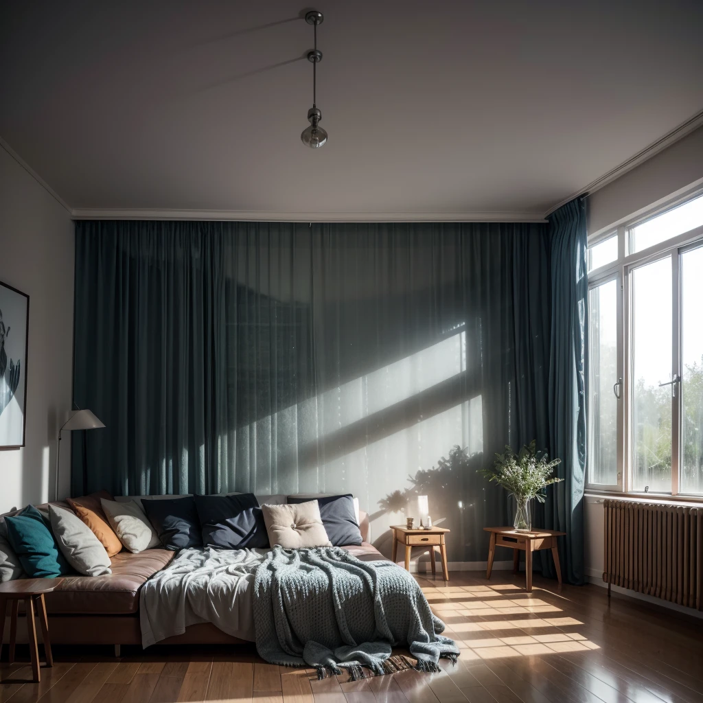 Create a completely cozy house with the TV on and you can see the rain falling through the window in high realism in high definition.