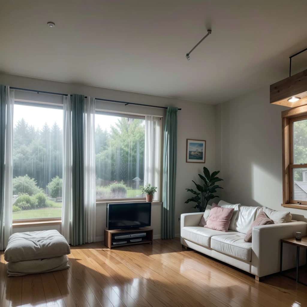 Create a completely cozy house with the TV on and you can see the rain falling through the window in high realism in high definition.
