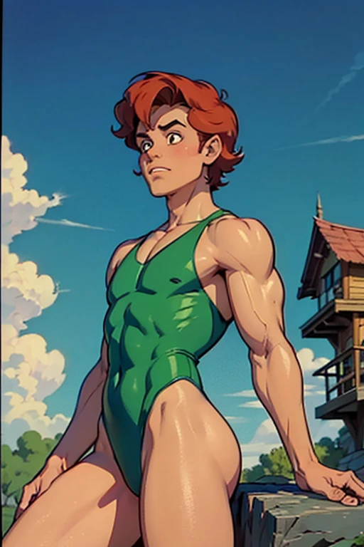 a redhead cartoon character dressed in a green leotard, very muscular, a young male wizard, 1980s cartoon, animated episode still, Presto (((mad)))