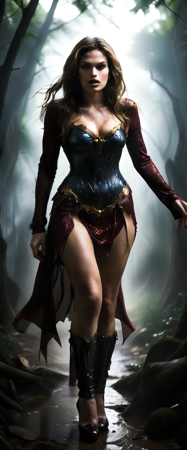 NSFW, heart wrenching horrified tragic scene, (masterpiece, 8k, UHD, realistic, highly detailed :1.36), Full length photo with legs, amazing stunningly beautiful (Cindy Crawford :1.3) as (undercover wonderwoman :1.1), spectacular, seductive, captivating, sultry, cute, sweet, sensual, sexual, 1girl, solo, (glitter sequin vibrant burgundy bodycon dress, backless dress, gold corset, strapless, sleeveless, heart deep neckline, daring slit maxi dress, daring split dress, tight-fitting dress,dress is crooked and disheveled and twisted :1.36), goddess, queen, pretty mature woman, messy MILF, (deadly drunk woman :1.2), diadem, high heeled sandals, white lace stockings with suspenders, (long satin tight opera elbow gloves:1.2), exposed sexual thong.
Supermodel appearance, feminine appearance, (Very long hair, extremely long hair, thick voluminous hair, flawless hair, disheveled and messy hair), perfect surrealistically ideal hourglass figure, gorgeous face, sexual large cleavages, perfect voluptuous bust, erect nipples, very wide motherly hips, large hips, firm shapely buttocks, pronounced noticeable thigh gap, sexual strong long legs. (Very sweaty, sweats profusely, skin shines with sweat), (Very clumsy dynamic position due to very high heels and intoxication, drunken gait). (Severe intoxication, severe poisoning, fever, fever heat, sickness, ail, illness, powerless, qualm, qualmishness, vomiting, helpless, saliva :1.2). (pushing very hard, defecates heavily, difficult peeing, peed herself, shit herself, diarrhea, uncontrolled defecation, poops, stockings covered in urine and fecals:1.3), (Whore, slut), (twisted body, severe pain, wrinkled in pain, hyper intensive agonized contractions, shaking in pain, bouncing breasts, discomfort), (distressed, frightened, fearful, panic, shock, crying, tears apart), (life-fluids, snot, saliva, urine, fecals, cum :1.2)
(Foggy mysterious atmosphere) in (Dark Forest :1.3), chaos, (CarnageStyle:1.36), (dark), (chiaroscuro),