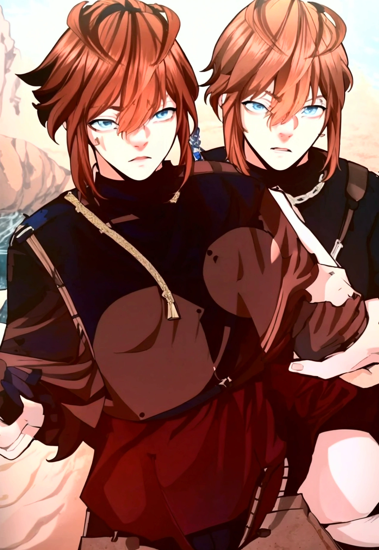 ((best quality)), ((masterpiece)), (detailed) (realistica), 1 male, off-shoulder sweater, shirtless, black trunks,beach, Summer, long red hair, blue eyes,manga in color style, inspired by Arthur Leywin , cinematic light, bust shot, top angle wiew, HDR, 