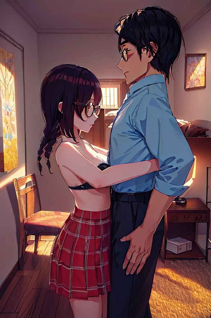 masterpiece, anime image of a man and a woman in a room,, , couple pose, a woman is bra and skirt and glasses, 