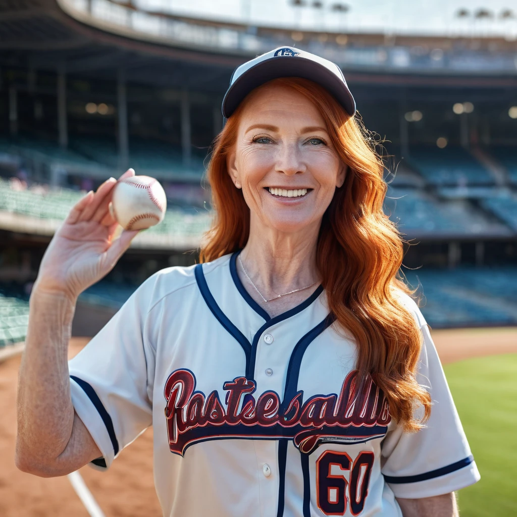 a happy 60-year-old man in a baseball jersey,a beautiful 20 years old redhead with large breasts in a baseball jersey,both waving at the camera,in a baseball stadium,(best quality,4k,8k,highres,masterpiece:1.2),ultra-detailed,(realistic,photorealistic,photo-realistic:1.37),HDR,UHD,studio lighting,ultra-fine painting,sharp focus,physically-based rendering,extreme detail description,professional,vivid colors,bokeh,portrait,sports