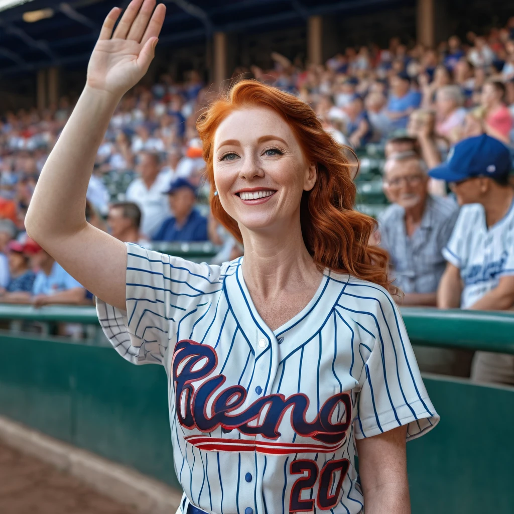 a happy 60-year-old man in a baseball jersey,a beautiful 20 years old redhead with large breasts in a baseball jersey,both waving at the camera,in a baseball stadium,(best quality,4k,8k,highres,masterpiece:1.2),ultra-detailed,(realistic,photorealistic,photo-realistic:1.37),HDR,UHD,studio lighting,ultra-fine painting,sharp focus,physically-based rendering,extreme detail description,professional,vivid colors,bokeh,portrait,sports