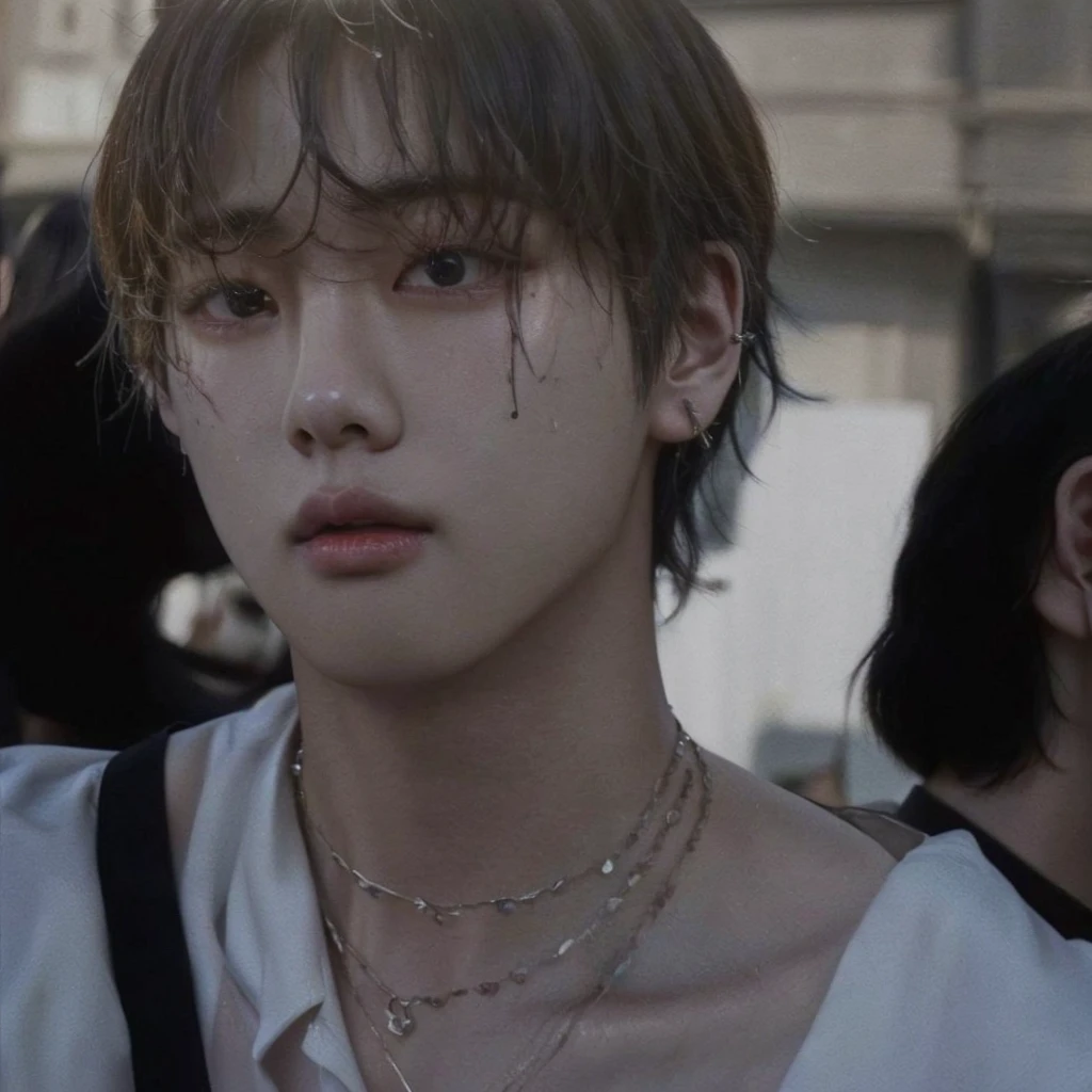 a closeup of a person with a necklace on their neck, Jimin, Cai Xu Kun, jungkook, Jimin\his right eyelid is swollen, Jimin\full lips, Jimin\'s grecian nose, accurate Jimin face, Hyung Tae, black haired yoongi, park Jimin, taehyung eating gucci fries, taken in the early 2020s, wearing choker