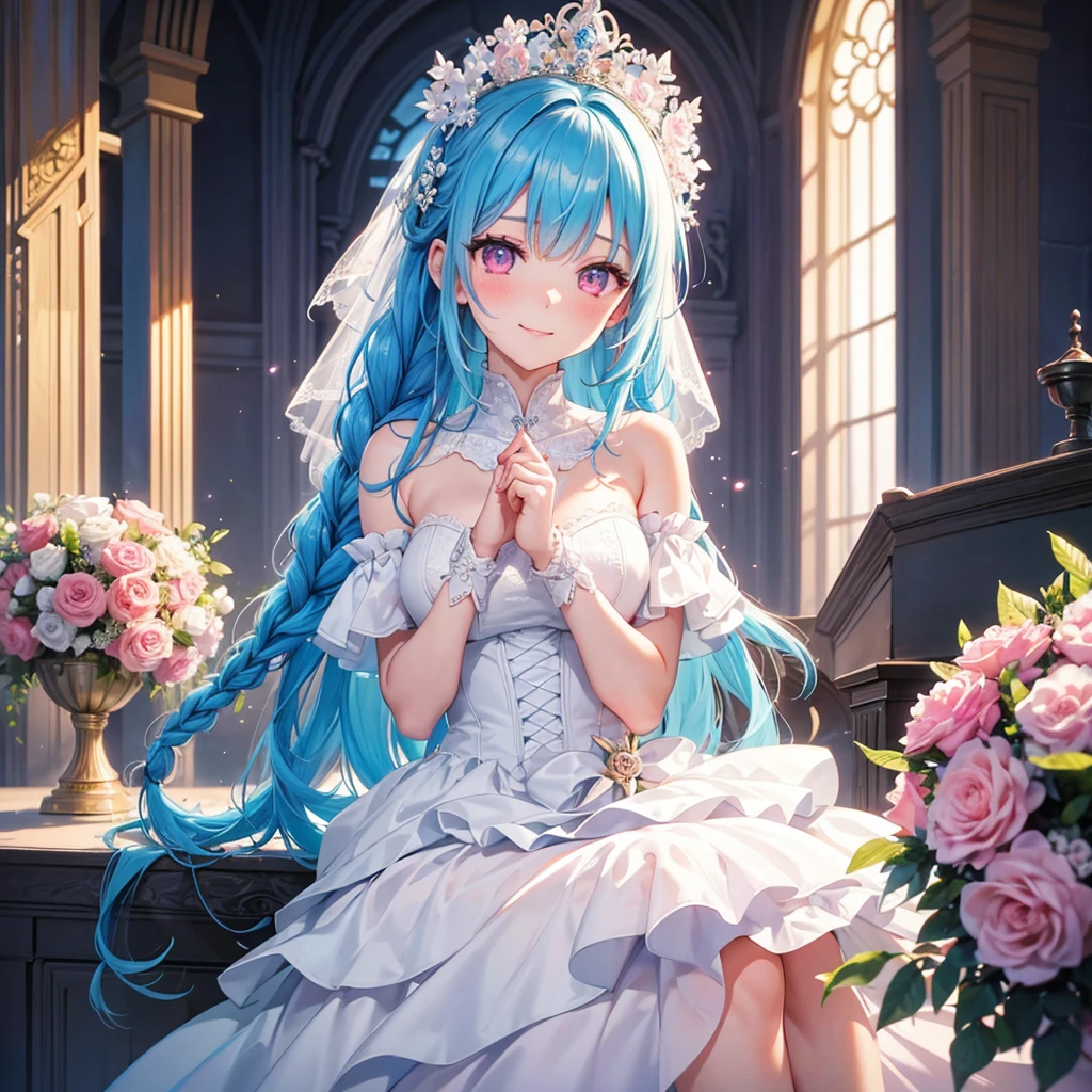 Sky Blue Medium Hair, (Braided Hair),(Pink Eyes),Fair skin ,(whole body),(1 girl),bride,smile、Straight bangs, 6月のbride,Wedding dress,(masterpiece, Highest quality, Very detailed, Best Shadow), (Detailed Background), (Beautifully detailed face), High Contrast, (Best lighting, Very delicate and beautiful), ((Cinematic Light)), colorful, Hyper Detail, Dramatic Light, Intricate details,Wedding hall,