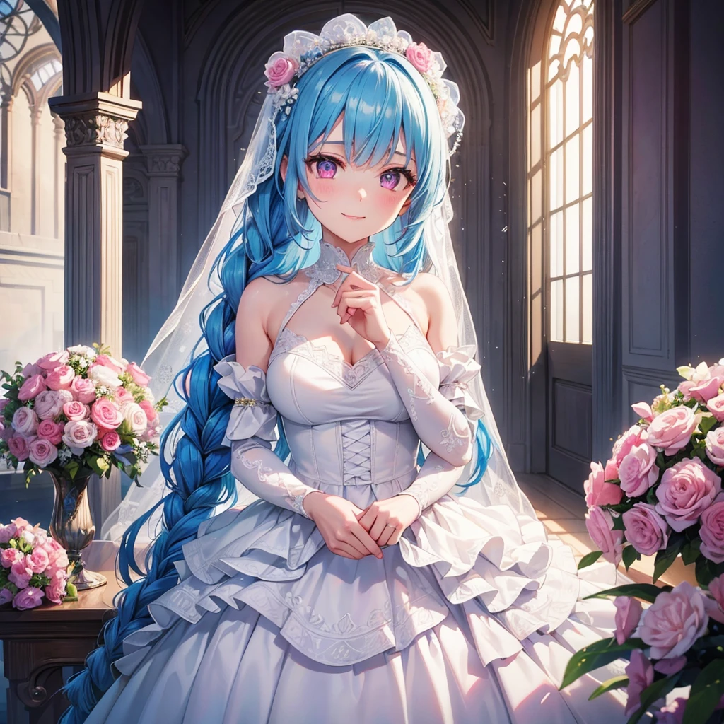 Sky Blue Medium Hair, (Braided Hair),(Pink Eyes),Fair skin ,(whole body),(1 girl),bride,smile、Straight bangs, 6月のbride,Wedding dress,(masterpiece, Highest quality, Very detailed, Best Shadow), (Detailed Background), (Beautifully detailed face), High Contrast, (Best lighting, Very delicate and beautiful), ((Cinematic Light)), colorful, Hyper Detail, Dramatic Light, Intricate details,Wedding hall,