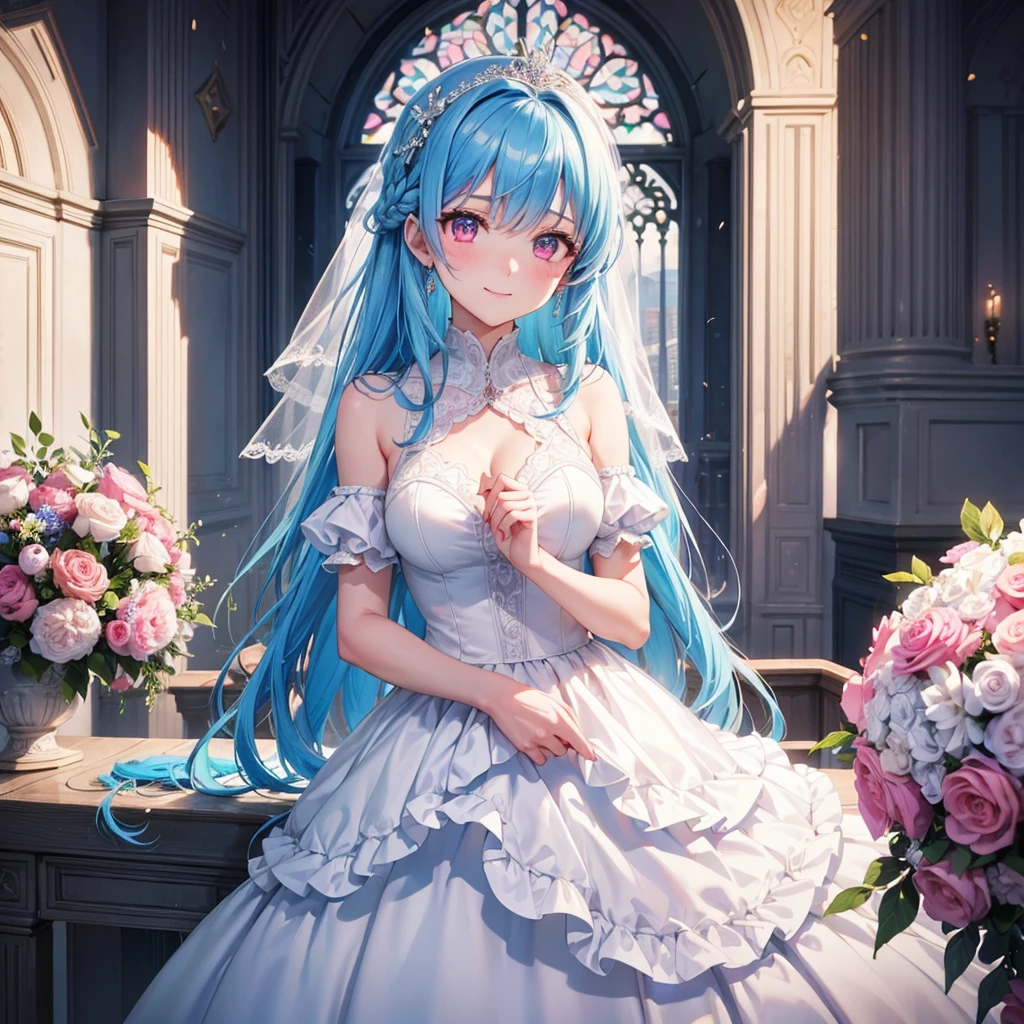 Sky Blue Medium Hair, (Braided Hair),(Pink Eyes),Fair skin ,(whole body),(1 girl),bride,smile、Straight bangs, 6月のbride,Wedding dress,(masterpiece, Highest quality, Very detailed, Best Shadow), (Detailed Background), (Beautifully detailed face), High Contrast, (Best lighting, Very delicate and beautiful), ((Cinematic Light)), colorful, Hyper Detail, Dramatic Light, Intricate details,Wedding hall,
