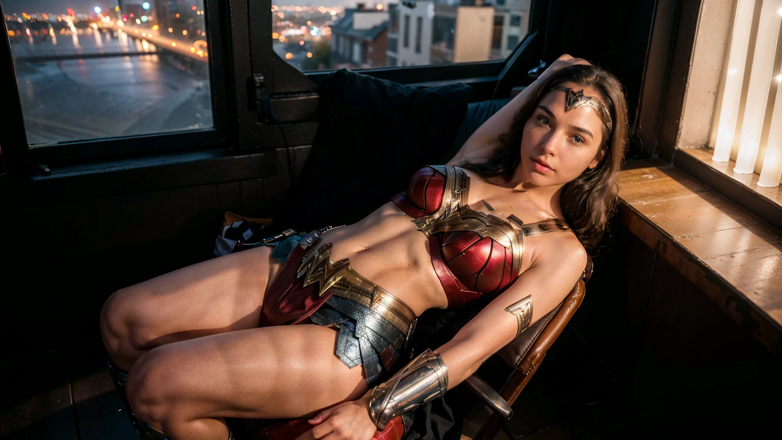 ((masterpiece), (solo character), (photorealistic:1.4), ),(best quality), (epiCRealLife), (g4lg), (wonder woman bra top), (g4lg show abs), (g4lg show cleavages), (Gal Godot in wonder woman costume), (lora:epiCFlashPhoto),(flashphoto), (flash photography) (look at viewers), (outdoor),, (Paris city landmark night views), (window), (night time), (city night lights), (in a street coffee shop), (sitting on chair), (landscape photos), (looking at viewers), (at night), (night time), (wonder woman boots),