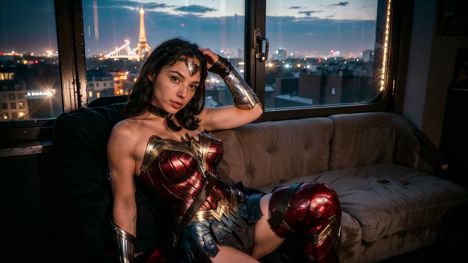 ((masterpiece), (solo character), (photorealistic:1.4), ),(best quality), (epiCRealLife), (g4lg), (wonder woman bra top), (g4lg show abs), (g4lg show cleavages), (Gal Godot in wonder woman costume), (lora:epiCFlashPhoto),(flashphoto), (flash photography) (look at viewers), (outdoor),, (Paris city landmark night views), (window), (night time), (city night lights), (in a street coffee shop), (sitting on chair), (landscape photos), (looking at viewers), (at night), (night time), (wonder woman boots),