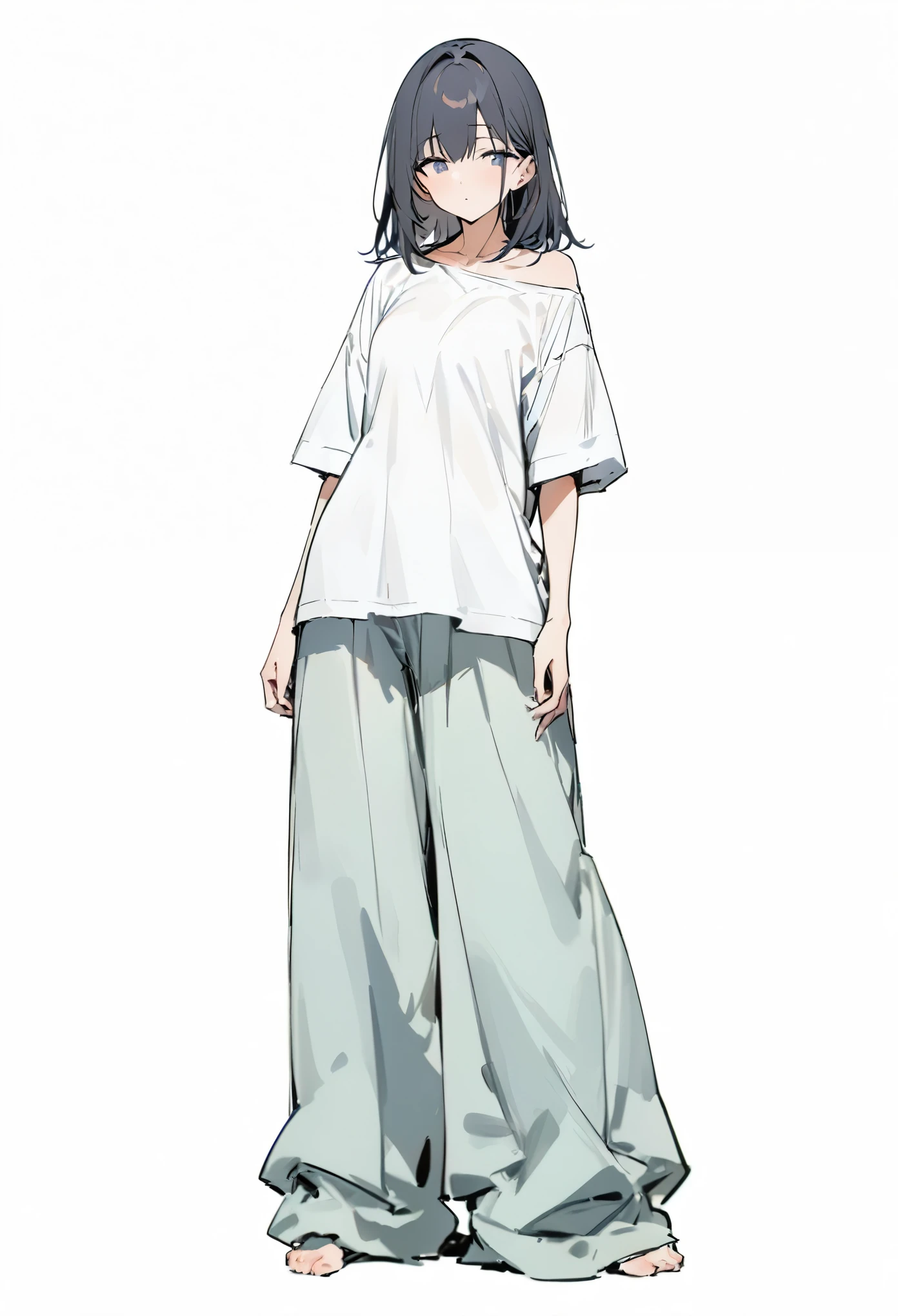 (masterpiece, Highest quality:1.2), girl、alone, Loose-fitting short-sleeved T-shirt, Relaxed wide pants , whole body, Simple Background, White background,