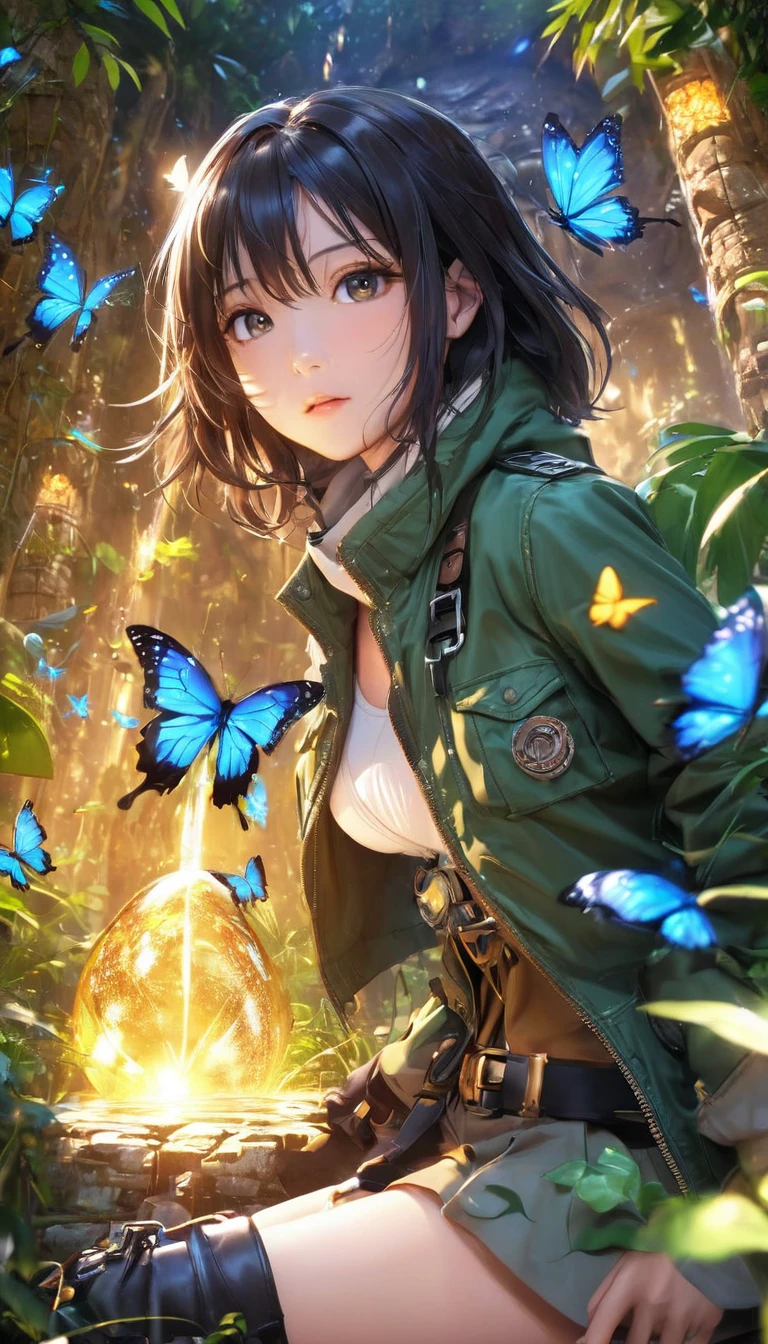 Highest quality, Highest quality, 16K, software, Unbelievably absurd, Very detailed, delicate and dynamic, Natural light, The particles reflect light beautifully, Diffuse reflection of light, Vortex of Light, jungle, jungleに隠された美しい古代遺跡, Colorful butterflies fluttering, Wildlife, firefly, 隠されたtreasure, maze, Skeleton, Create amazing image effects, Body close-up, pyramid, (Cute sexy girl, firm bouncing busts, Sensual expression, Passionate,Serious, Uplifting, Explorer, River Jacket, Explorerの装備, Explorerの服装, Leather boots, treasure)