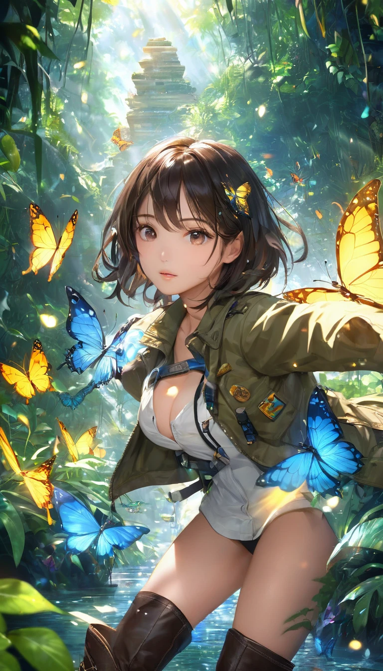 Highest quality, Highest quality, 16K, software, Unbelievably absurd, Very detailed, delicate and dynamic, Natural light, The particles reflect light beautifully, Diffuse reflection of light, Vortex of Light, jungle, jungleに隠された美しい古代遺跡, Colorful butterflies fluttering, Wildlife, firefly, 隠されたtreasure, maze, Skeleton, Create amazing image effects, Body close-up, pyramid, (Cute sexy girl, firm bouncing busts, Sensual expression, Passionate,Serious, Uplifting, Explorer, River Jacket, Explorerの装備, Explorerの服装, Leather boots, treasure)