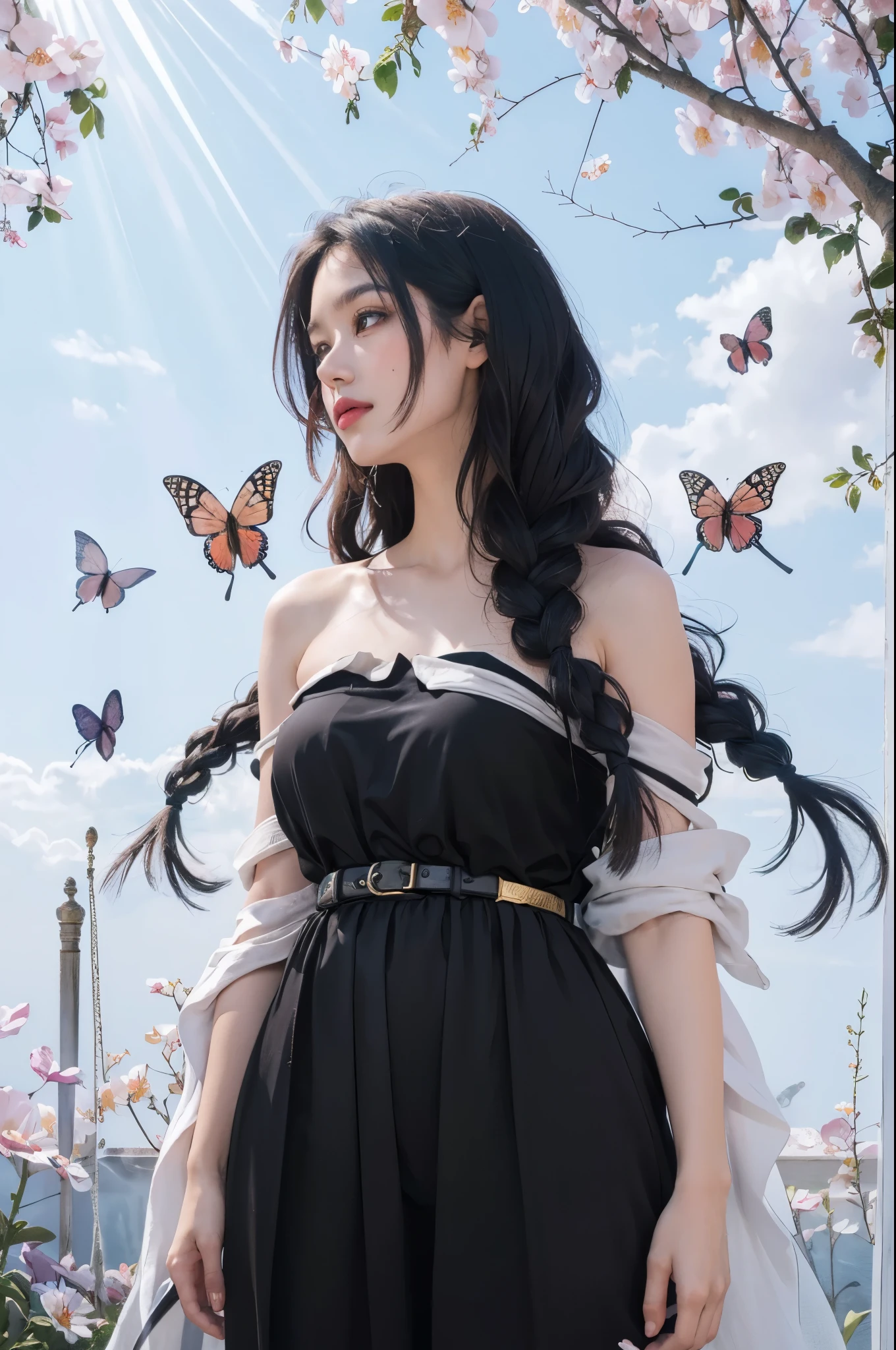 (highres:1.2,realistic:1.37),Girl in a magical garden, fairytale atmosphere, beautiful detailed eyes, long flowing hair, vibrant flowers, butterflies fluttering around, golden rays of sunlight, soft and dreamy color palette, whimsical lighting, enchanting scenery, fantasy ambiance, surreal elements, ethereal beauty.
