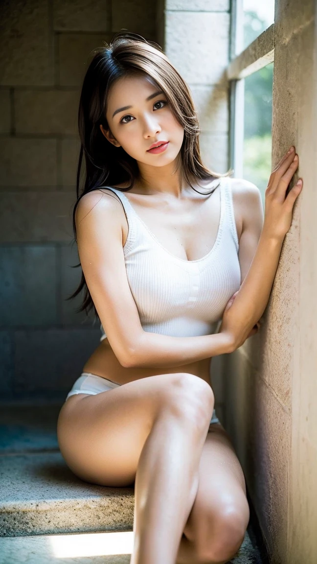Dark brown hair、Light brown eyes、Japanese actress、Lady、I am about 40 years old.........、(My NTR More about my category:1.2)、(top-qual私ty:1.4)、 (Ultra-high resolution:1.2)、Ultra-high resolution、(Private Detective Data)、(Detailed facial features)、Hmph、8K resolut私on、D cup breasts、Long Hair、Obscene pose、Beautiful feet、Leaning against a wall、Bend only one leg、stretched one leg、Please lift your chin up a little、Expressions of sadness、、black one piece、A refreshing bathroom bathed in morning sunlight、2Booklegs、2Book Hand、Beautiful feet、White knitted crop top、White marble wall、The sunlight shines in.、The sun is shining、hit by shower water、Soaking wet、Wet Skin、Soaking wetの髪の毛、