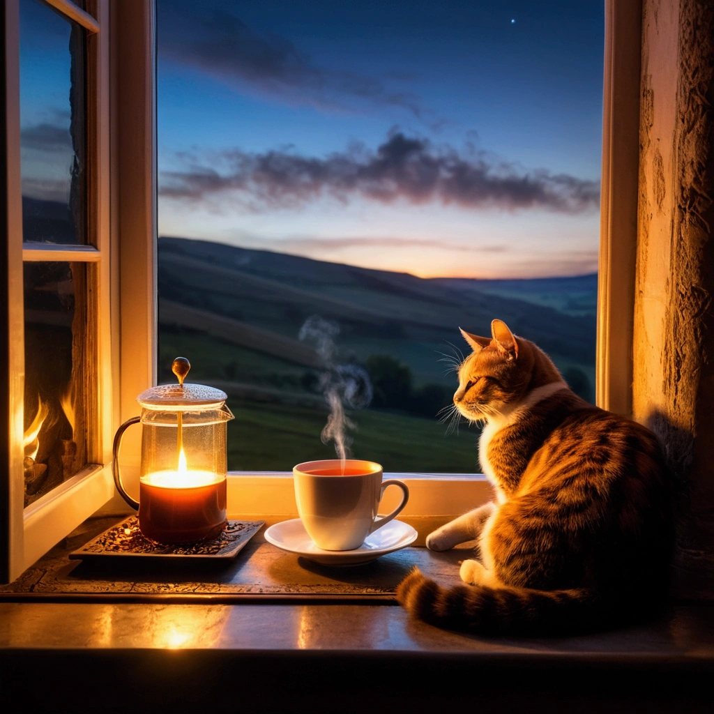 fireplace at the end of the night, cat sleeping, cup of tea with steam, window with beautiful landscape
