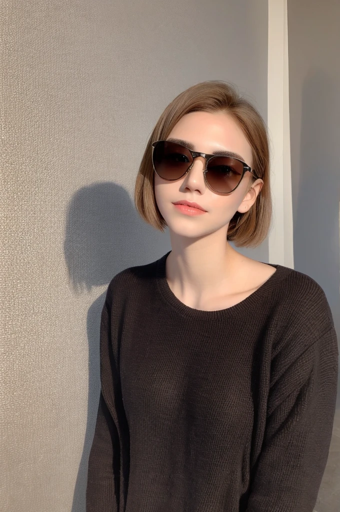 short straight hair, light brown eyes, white skin, black sunglasses