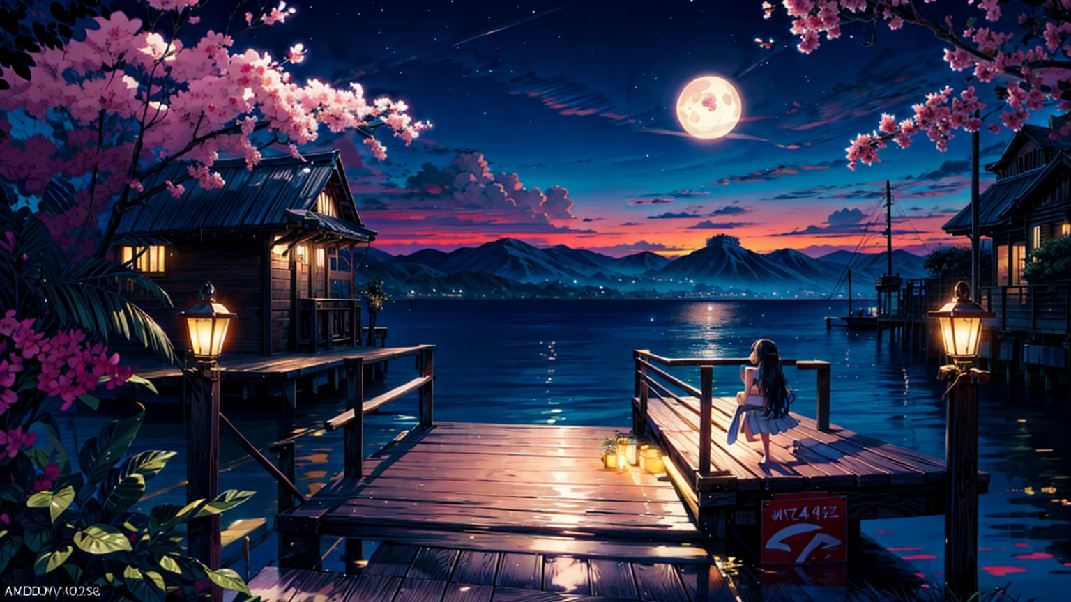 painting of a neon moonlight,dock areas, Bougainville decoration , 4k hd, moonlight, cloud,ocean, moonlight reflection,beautiful art uhd 4 k, a beautiful artwork illustration, beautiful digital painting, highly detailed digital painting, beautiful digital artwork, detailed painting 4 k, very detailed digital painting, rich picturesque colors, gorgeous digital painting