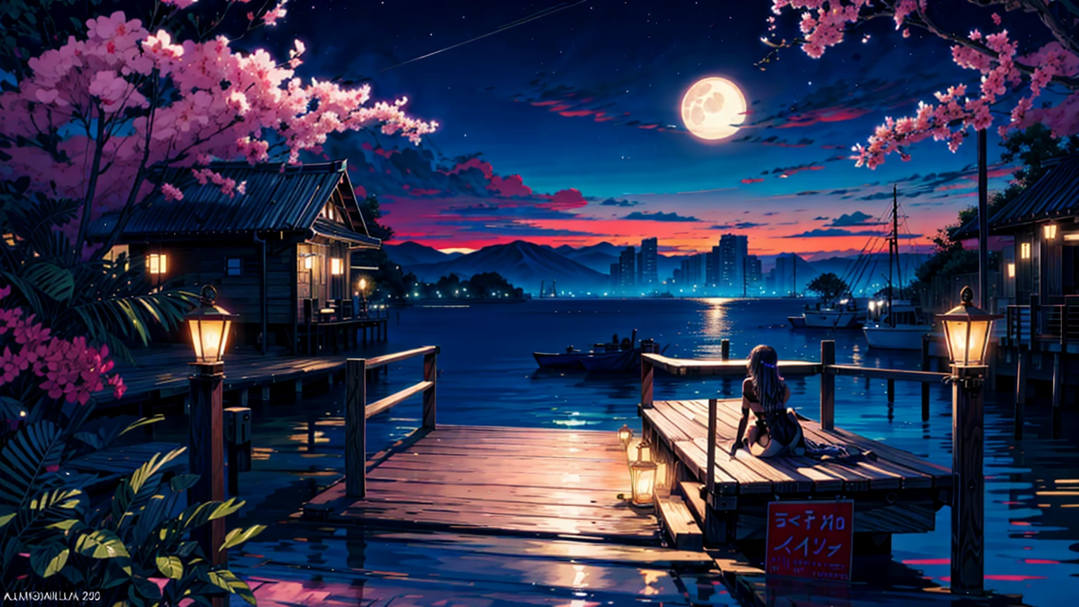 painting of a neon moonlight,dock areas, Bougainville decoration , 4k hd, moonlight, cloud,ocean, moonlight reflection,beautiful art uhd 4 k, a beautiful artwork illustration, beautiful digital painting, highly detailed digital painting, beautiful digital artwork, detailed painting 4 k, very detailed digital painting, rich picturesque colors, gorgeous digital painting