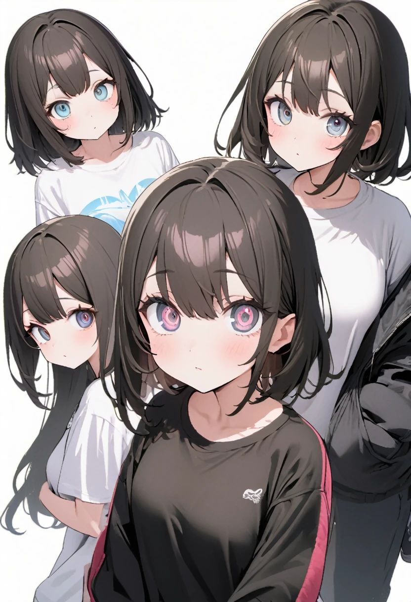 (Highest、Highest画質:1.2、8k), Center, whole body, 20th Generation, 1 adult female, Street style shirts, Black wide pants, simple sneakers, Simple Background, White background, Big eyes, Delicate eyes, Beautiful Eyes