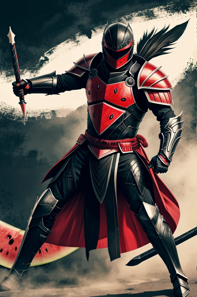 Watermelon stroke with black armor, anime, asian warrior, illustration,