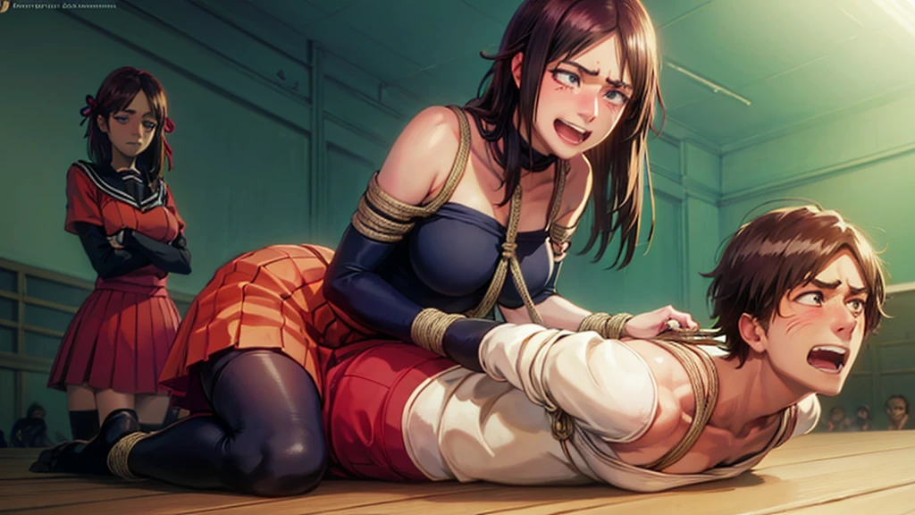 (1 boy, 1 girl), a age school girl in mixed bondage wrestling with a teenboy, they are roughly the same age, the school girl is wearing a red pleaded careered skirt and a black pullover, the girl has a is a bit smaller than the boy, the girl has shoulder long hair, the boy is wearing casual clothes, teenage hogtied and struggling against the ropes, school girl applying more ropes to the teenage boysy, blushing boy dominated and controlled by the girl, the girl is smiling and laughing and tries to humiliate the teenage boy, thenage boy is blushand ashamed and is gritting his teeth, he desperately tries to break free but to no avail, the boy struggles and squirms against the ropes, the girl is sitting on top of the teenage boy to prevent hrom moving and has ropes in her hands and uses them to tie up the arms of the teenage boy behind his back,arms of the teenage boy are completely tied nd his back in lots of ropes, the teenage boy looks very embarrased anhamed, the girl is saying „this must be embarrassing for you“ , huge struggle, many viewers watching, wrestling ring,intricate rope work, teenage boy blushing and ashamed, dramatighting, highly detailed, photorealistic, 8k, masterpiece, teenage school girl vs teenage school boy, fm, power, control, beaul teenage girl, detailed faces, teenage boy aggresiveled up by teenage girl, lots ofe, perfect eyes, detailed faces, sq and struggle marks arround the boy