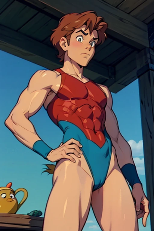 a redhead cartoon character dressed in a green leotard, very muscular, a young male wizard, 1980s cartoon, animated episode still, Presto (((mad)))