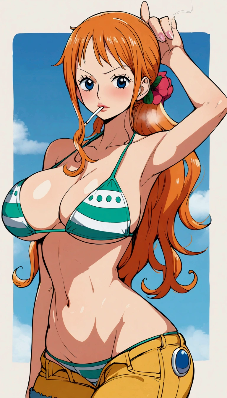 a cartoon picture of a woman in a bikini top and jeans, nami one piece, nami from one piece, nami, beautiful portrait of nami, from one piece, oppai, blue eyes, smoking, ponytail, nsfw